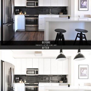 May include: Before and after photo of a modern kitchen with white cabinets, black countertops, and stainless steel appliances. The photo shows the difference in lighting and color tone after using a photo editing preset.