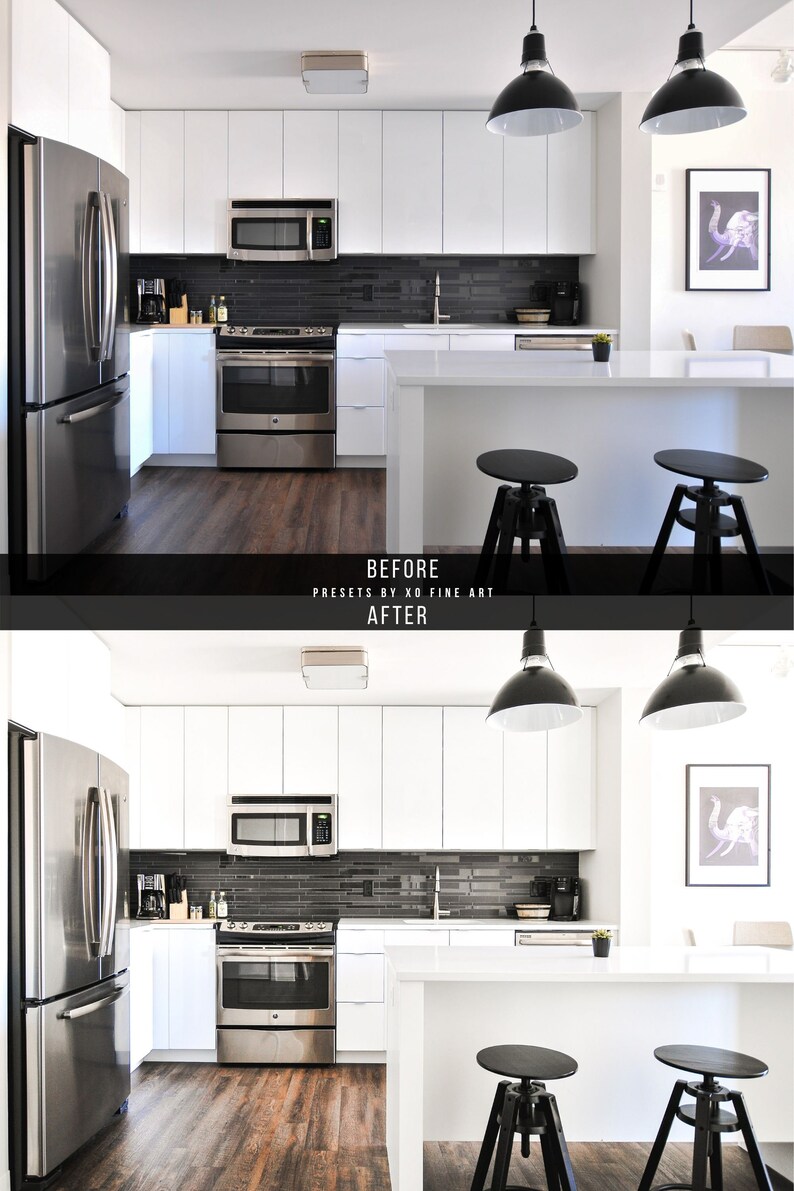 May include: Before and after photo of a modern kitchen with white cabinets, black countertops, and stainless steel appliances. The photo shows the difference in lighting and color tone after using a photo editing preset.