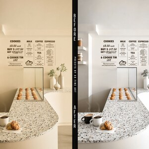 May include: Before and after photo of a cafe counter with a white tiled surface. The counter has a glass display case with cookies. The cafe menu is on the wall behind the counter. The menu lists cookies, milk, coffee, espresso, and tea. The text on the menu reads "Cookies $3.50 each Buy 5 $17.50 Get 1 free! 6 Cookie Tin $32".