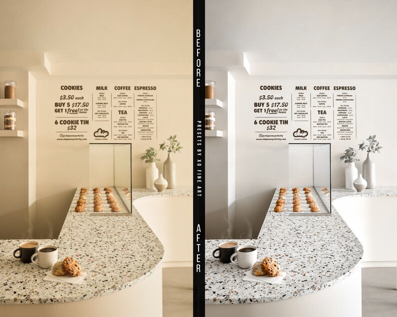May include: Before and after photo of a cafe counter with a white tiled surface. The counter has a glass display case with cookies. The cafe menu is on the wall behind the counter. The menu lists cookies, milk, coffee, espresso, and tea. The text on the menu reads "Cookies $3.50 each Buy 5 $17.50 Get 1 free! 6 Cookie Tin $32".