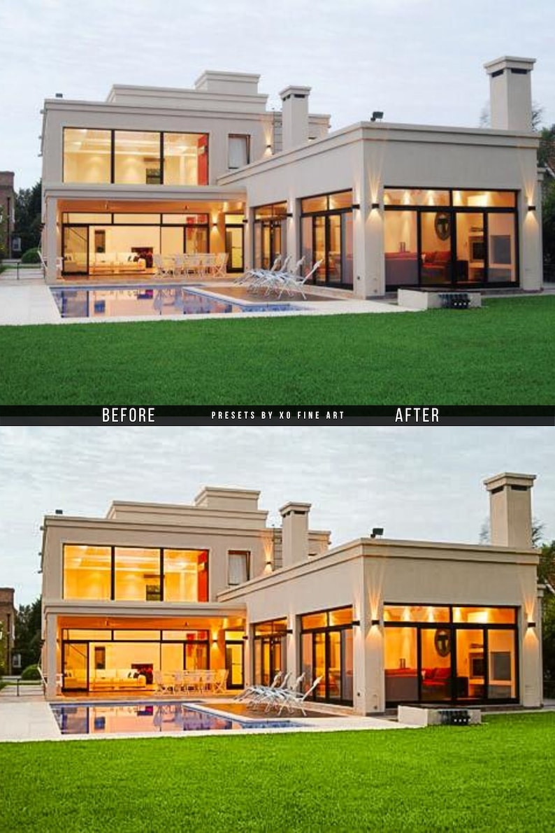 May include: A modern, two-story house with a swimming pool in the front yard. The house is painted in a light beige color and has large windows. The pool is surrounded by a green lawn.