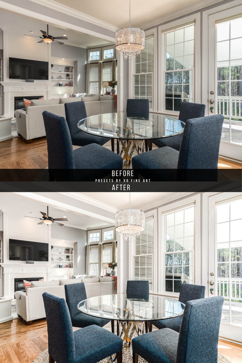 May include: A dining room with a glass table and four blue chairs. The table is set with a white tablecloth and a vase of flowers. The room has a large window with a view of a garden. The room is decorated with a chandelier and a fireplace.