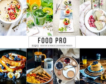 May include: A collection of food photography presets for Lightroom, labeled "Food Pro: Desktop & Mobile Lightroom Presets". The presets are designed to enhance the look of food photos, with examples of before and after images shown.