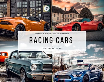 May include: A collage of four images featuring different types of racing cars. The top left image shows an orange Lamborghini, the top right image shows a red Ferrari, the bottom left image shows a blue Ford Mustang, and the bottom right image shows a blue Ford Mustang. The text "DESKTOP & MOBILE LIGHTROOM PRESETS RACING CARS PRESETS BY XO FINE ART" is displayed in the centre of the collage.