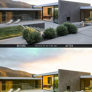 May include: Before and after image of a modern home with large windows and a concrete exterior. The image shows the effect of a photo editing preset on the color and lighting of the image. The text "PRESETS BY XO FINE ART" is displayed below the images.