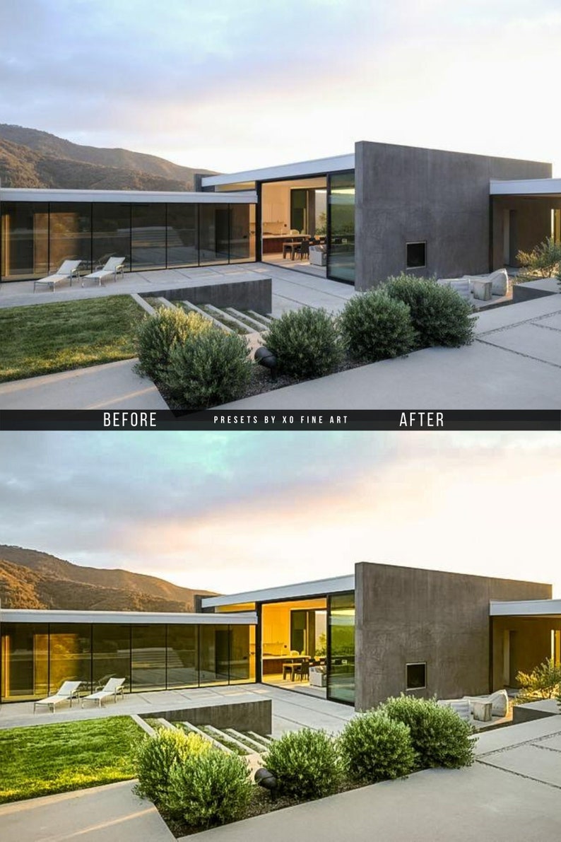 May include: Before and after image of a modern home with large windows and a concrete exterior. The image shows the effect of a photo editing preset on the color and lighting of the image. The text "PRESETS BY XO FINE ART" is displayed below the images.