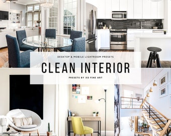May include: A collage of four images showcasing clean and modern interior design. The images feature a dining room with a glass table and blue chairs, a kitchen with white cabinets and stainless steel appliances, a living room with a white armchair and a black and white painting, and a staircase with wooden steps and a black railing. The text "CLEAN INTERIOR" is displayed in the center of the collage.