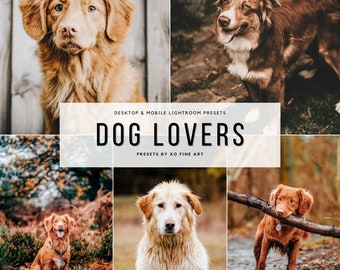 May include: A collage of photos featuring dogs of different breeds and colors. The photos are arranged in a grid pattern and feature dogs in various settings, including outdoors and indoors. The text "DOG LOVERS" is displayed in the center of the collage, with the words "PRESETS BY XO FINE ART" below it.