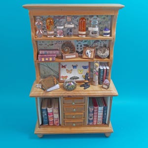 May include: A miniature wooden hutch featuring three open shelves and a base with four drawers. The shelves are filled with tiny glass bottles, books, a microscope, a butterfly display, a skull model, a magnifying glass, and various natural specimens.