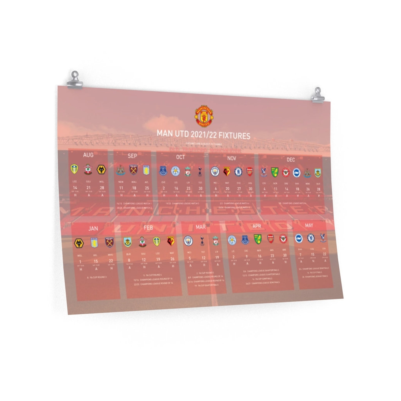 Man Utd 2021/22 Fixtures & Schedule Manchester United 2022 | Etsy