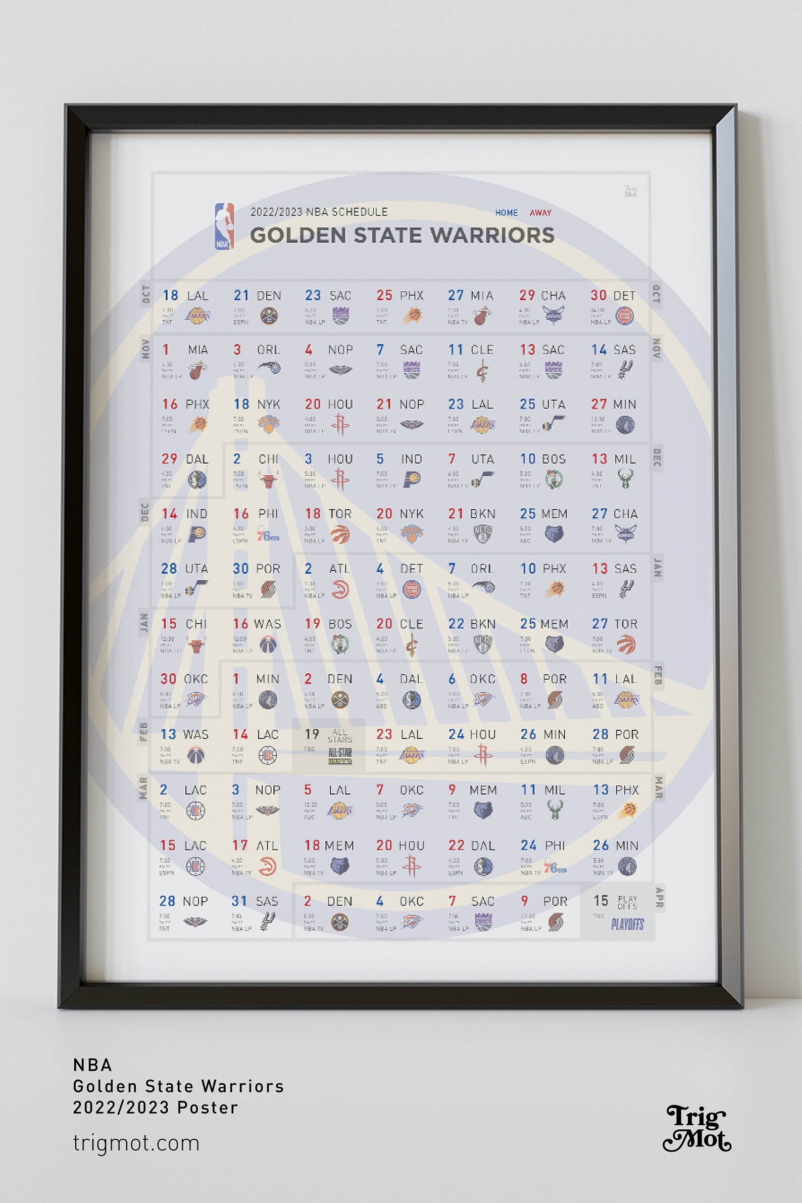 NBA 2022 2023 Season Calendar for Basketball Team Fans Golden Etsy