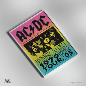 Cartel del concierto de rock de ACDC Años 70 Años 80 Retro Milenario Arco iris Arte colorido Oakland California 1979 Banda de rock clásica