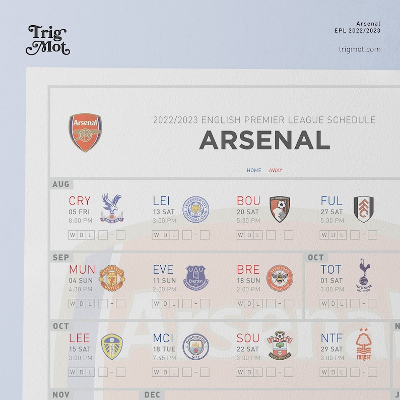 Arsenal 2022 2023 EPL Season Poster Soccer Fixture English Etsy Denmark