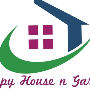 May include: Logo for Happy House n Garden, featuring a house icon with a blue roof and magenta windows, set within a green crescent. The text "Happy House n Garden" is written in a cursive, magenta font.
