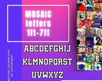 7ft, 6ft, 5ft, 4ft, 3ft, 2ft, 1ft  Mosaic All Letters from Balloons Mosaic Template 1ft thru 7ft Square