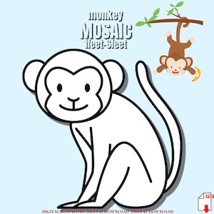May include: A black and white line drawing of a monkey sitting with its tail curled behind it. The text "monkey mosaic feet-feet" is above the monkey. A smaller monkey is hanging from a branch in the upper right corner of the image.