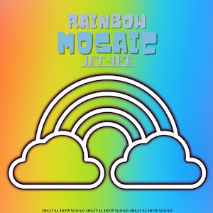 Könnte beinhalten: Ein digitaler Download eines Regenbogen-Mosaik-Designs. Das Design zeigt einen Regenbogen mit Wolken und den Text "RAINBOW MOSAIC 1FT-4FT".