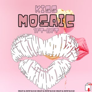 Pode incluir: Um download digital de um design de arte de mosaico imprimível que apresenta um grande contorno branco de um par de lábios em forma de coração. O design é rotulado como "Kiss Mosaic 1ft-6ft".
