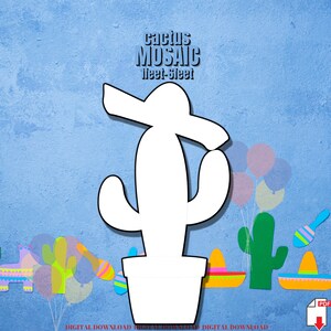 May include: White outline of a cactus wearing a sombrero, in a pot, with a text overlay that reads "Cactus Mosaic 1 feet-5 feet". The background is a blue textured surface with colorful paper cutouts of cacti, balloons, and sombreros.