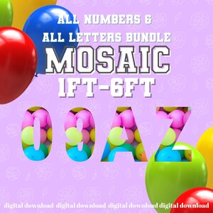 Mosaico de 1 pie a 6 pies Todos los números del 0 al 9 del paquete de globos con mosaico Todas las letras Archivos PDF de 1 pie a 6 pies con libro de instrucciones