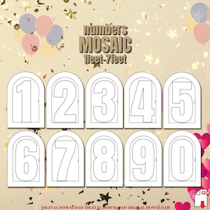 Puede incluir: Plantillas de números imprimibles en blanco y negro para proyectos de mosaico. Los números del 1 al 10 se muestran en forma de arco redondeado. El texto "numbers MOSAIC 1feet-7feet" está en la parte superior de la imagen.