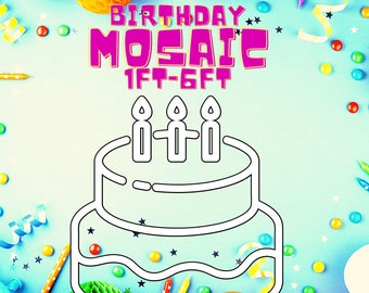 Puede incluir: Una descarga digital para un diseño de mosaico de pastel de cumpleaños. El diseño está delineado en negro y presenta tres velas en la parte superior de un pastel de tres niveles. El pastel está rodeado de confeti y estrellas. El texto "BIRTHDAY MOSAIC 1FT-6FT" está en la parte superior de la imagen.