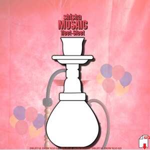 May include: White silhouette of a shisha, or hookah, with the text "shisha MOSAIC feet-gleet" above it. The shisha is on a pink background with colorful balloons.
