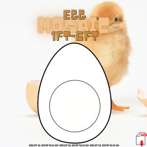 May include: A black and white outline of an egg with a circle inside. The text "EGG MOSAIC 1FT-6FT" is above the egg. A baby chick is standing next to the egg.