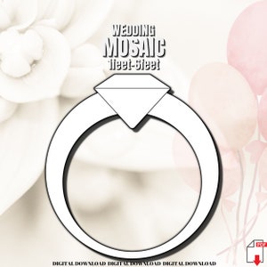 Puede incluir: Una plantilla de mosaico de boda imprimible en forma de anillo con un diamante. La plantilla mide 30 cm por 30 cm y es una descarga digital.