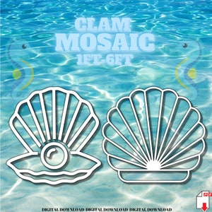 May include: Two white outline clam shell designs on a blue water background. The clam shell on the left has a pearl inside. The text "CLAM MOSAIC 1FT-6FT" is at the top of the image.