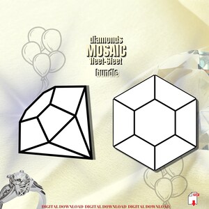 Może przedstawiać: Czarno-biała ilustracja liniowa dwóch kształtów diamentów. Tekst "diamonds MOSAIC feet-feet bundle" znajduje się nad kształtami.