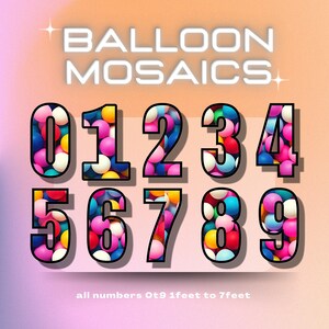May include: Multicoloured balloon numbers 0 to 9, each number is approximately 30 cm tall. The numbers are made of balloons in a variety of colours, including red, blue, yellow, pink, and green. The background is a gradient of pink and orange.