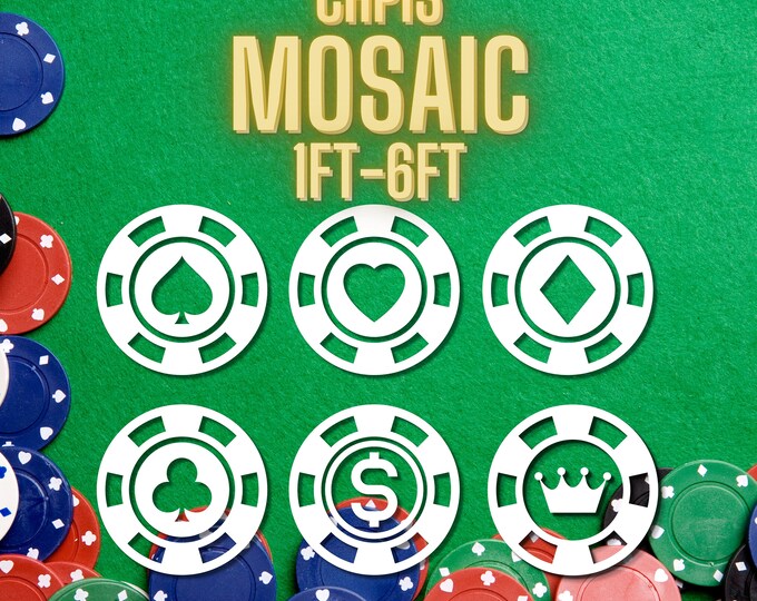 6ft 5ft 4ft 3ft 2ft 1ft Mosaic Casino Chips from Balloons, PFD files, Poker Mosaic, Heart, Diamond, Clubs, Dollar, Crown, Spades, 6 in 1