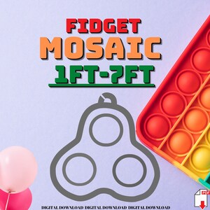 Puede incluir: Una descarga digital para un mosaico de fidget de 30 a 60 cm. La imagen muestra un fidget spinner gris y un juguete pop-it multicolor. El texto "FIDGET MOSAIC 1FT-2FT" está en la parte superior de la imagen.