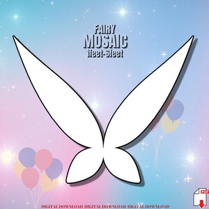 May include: A white outline of a butterfly with wings spread wide. The butterfly is on a pink and blue background with white stars. The text "FAIRY MOSAIC 1 feet-5 feet" is above the butterfly.