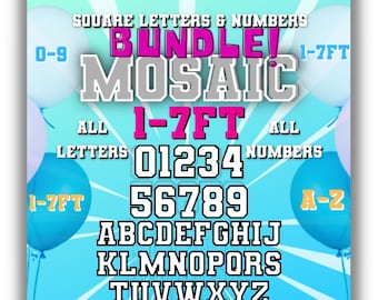 1ft-7ft Mosaic All 0-9  Numbers from Balloons Bundle with Mosaic All Letters 1ft-7ft PDF files Square with Instructions Book 12-72in
