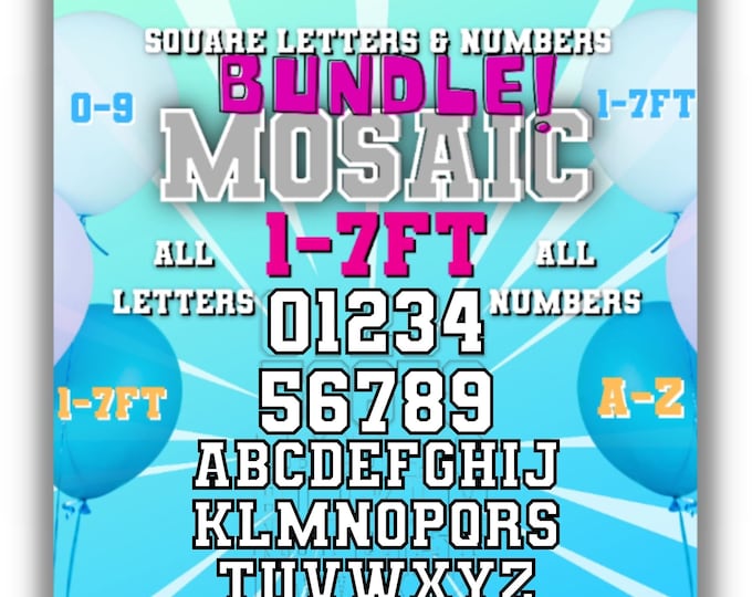 1ft-7ft Mosaic All 0-9  Numbers from Balloons Bundle with Mosaic All Letters 1ft-7ft PDF files Square with Instructions Book 12-72in