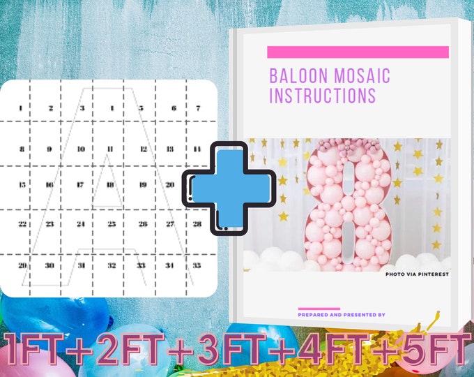 5ft, 4ft, 3ft, 2ft, 1ft  Mosaic All Letters from Balloons Mosaic Template With Instructions Book