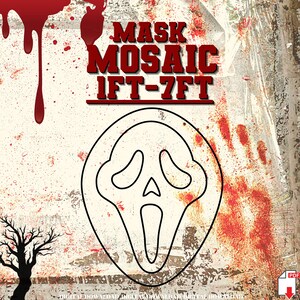 May include: A digital download for a 1 foot by 7 foot mosaic mask pattern. The pattern is of a white ghost face with a black outline. The background is a red and white grunge pattern.
