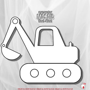 May include: Black and white outline of an excavator, labeled "excavator MOSAIC 1 feet-6 feet", suitable for a mosaic craft project.