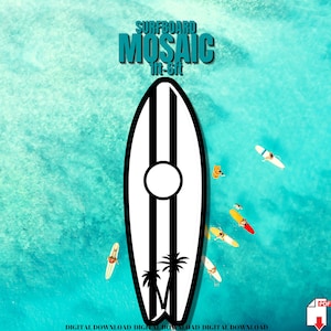 May include: Black and white illustration of a surfboard with palm trees and the text "SURFBOARD MOSAIC 1ft-6ft". The image is set against a turquoise blue background.