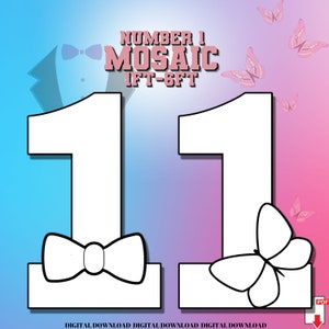 May include: A digital download graphic featuring the number 11 in white, outlined in black, with a bow tie and butterfly design. The background transitions from blue to pink, with pink butterflies scattered throughout. Text at the top reads "NUMBER 1 MOSAIC IFT-SFT".