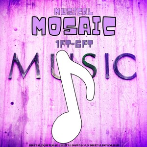 Puede incluir: Una descarga digital púrpura y blanca para un mosaico musical. El mosaico mide 1 pie - 6 pies. La imagen muestra una nota musical blanca sobre un fondo púrpura con la palabra "MUSIC" en letras negras.