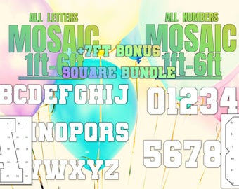 1ft-7ft Mosaic All 0-9  Numbers from Balloons Bundle with Mosaic All Letters 1ft-7ft PDF files Square with Instructions Book