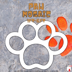 May include: White paw print stencil for mosaic tile projects. The stencil is 1 ft to 6 ft in size. The stencil is shown on a gray textured background with a red mosaic paw print in the background.