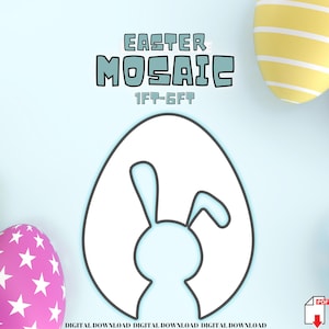 May include: Easter mosaic craft pattern featuring a bunny rabbit inside an egg. The pattern is 1 ft by 6 ft. The image shows a pink egg with white stars, a yellow egg with white stripes, and a white egg with a bunny rabbit cutout.