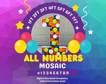 6ft 5ft 4ft 3ft 2ft 1ft Mosaic All 0-9  Numbers from Balloons PDF files with Bonus 7ft Numbers And Instructions Book