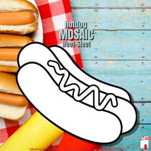 May include: Black and white outline of a hot dog with mustard on a red and white checked tablecloth. The text "hotdog MOSAIC 1feet-6feet" is above the hot dog.