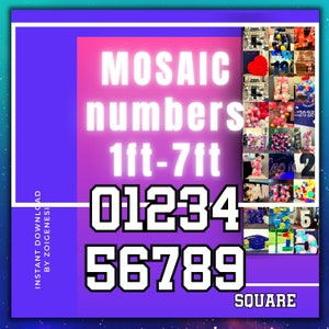 Puede incluir: Una imagen digital que muestra un conjunto de números de mosaico, que van de 1 a 7 pies. Los números se muestran en una fuente blanca sobre un fondo morado. La imagen también incluye un collage de varios números de mosaico en diferentes colores y estilos, mostrando su uso en diferentes entornos.