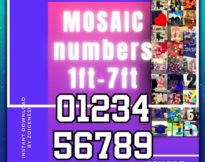 7ft 6ft 5ft 4ft 3ft 2ft 1ft Mosaic All 0-9 Square Numbers from Balloons PDF files with Instructions Book